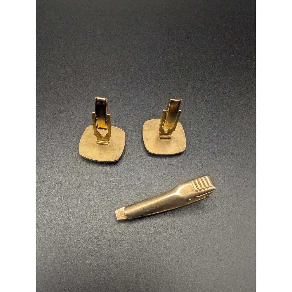 Masonic Cufflinks Tie Clip Set Gold Tone Blue Enamel Mens Freemason Jewelry